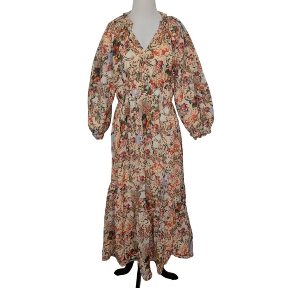 Anna Cate Floral Chloe Maxi Dress Womens Size Large Beige Quilted Sleeves Lined